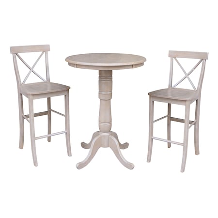 International Concepts Round 30 in Rd Pedestal Bar Ht Table, 2 X-Back Bar Ht Stools, Washed Gray Taupe, 30 W, 30 L, Wood K09-30RT-6B-2-S6133-2